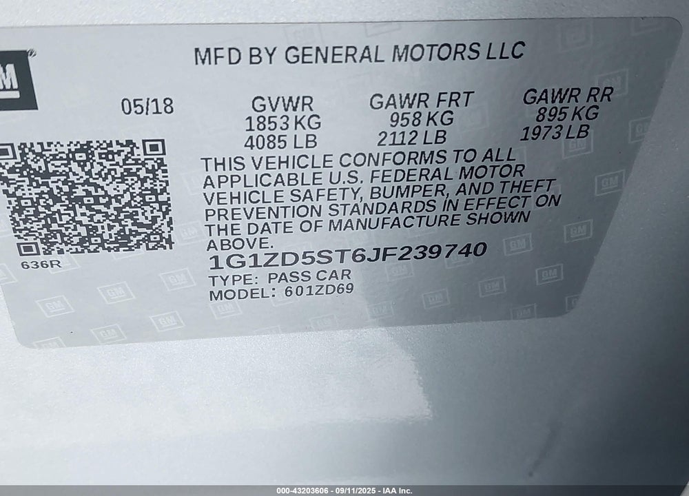 2018 CHEVROLET MALIBU VIN: 1G1ZD5ST6JF239740