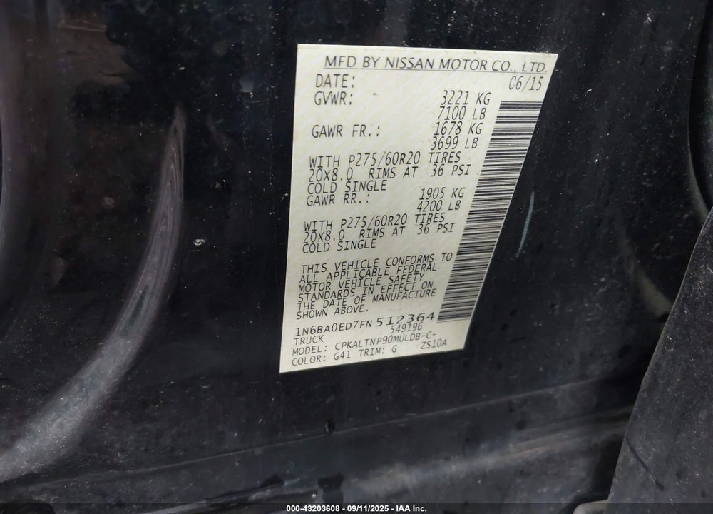 2015 NISSAN TITAN VIN: 1N6BA0ED7FN512364