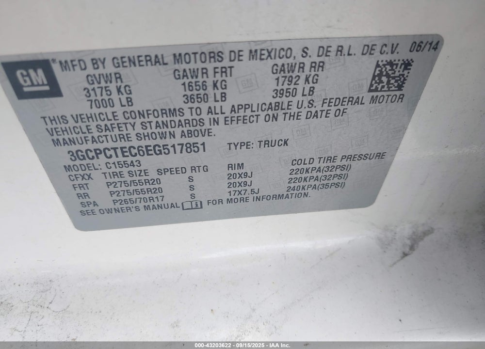 2014 CHEVROLET SILVERADO 1500 VIN: 3GCPCTEC6EG517851