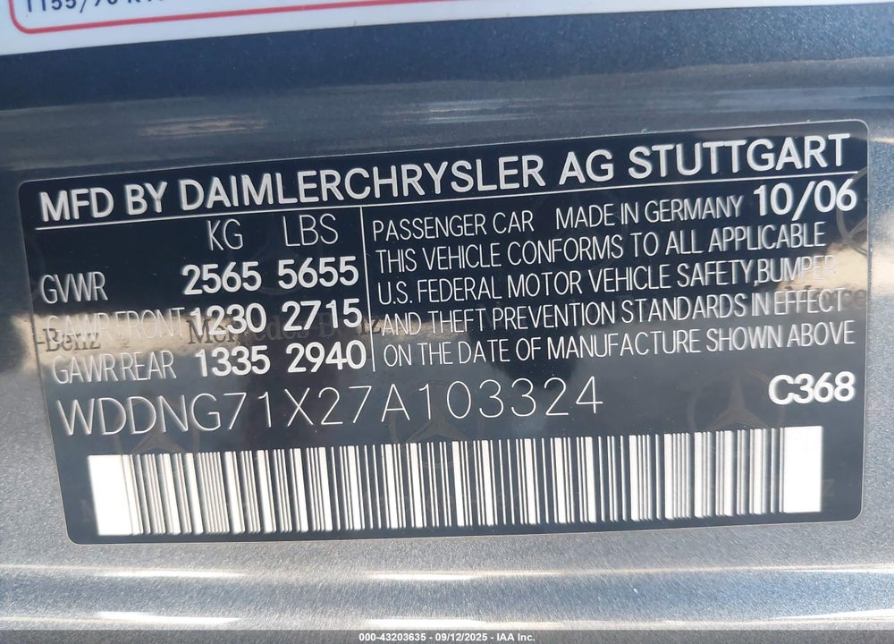 2007 MERCEDES-BENZ S 550 VIN: WDDNG71X27A103324