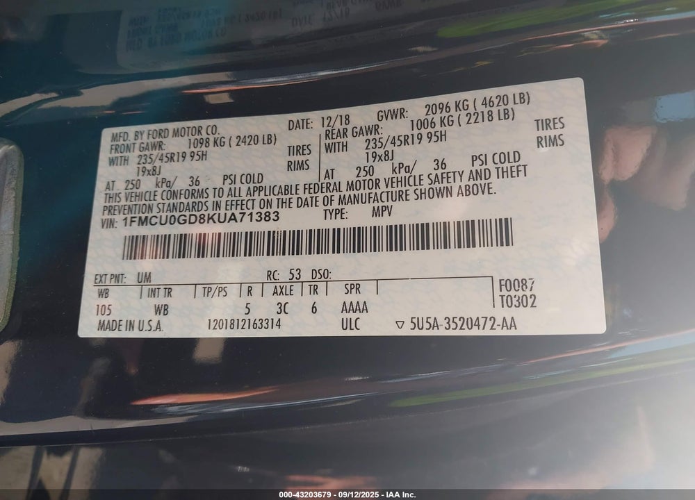 2019 FORD ESCAPE VIN: 1FMCU0GD8KUA71383