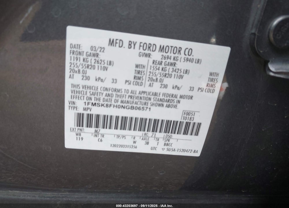 2022 FORD EXPLORER VIN: 1FMSK8FH0NGB06571