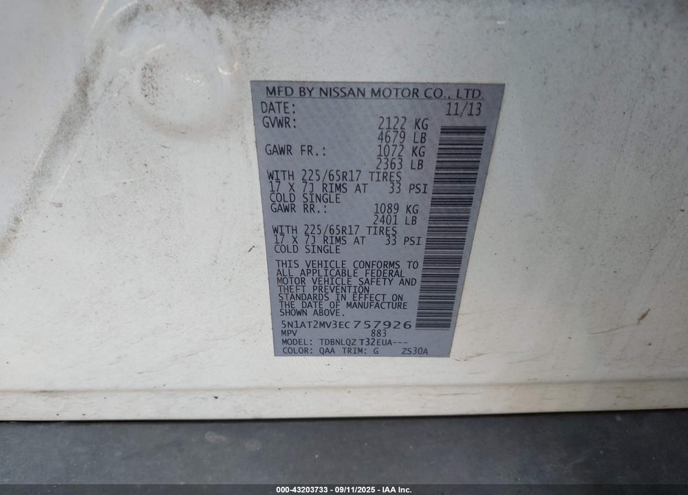 2014 NISSAN ROGUE VIN: 5N1AT2MV3EC757926