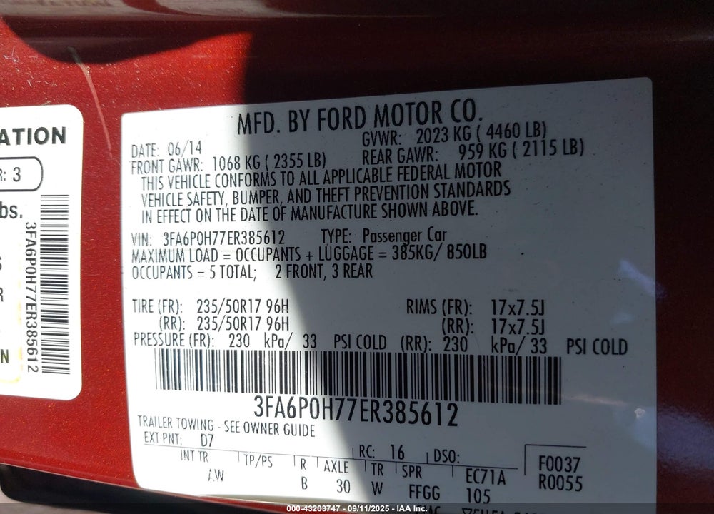 2014 FORD FUSION VIN: 3FA6P0H77ER385612