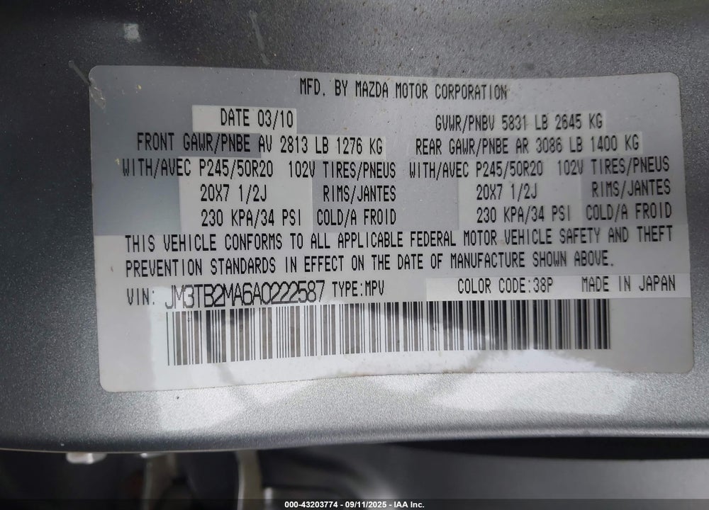 2010 MAZDA CX-9 VIN: JM3TB2MA6A0222587