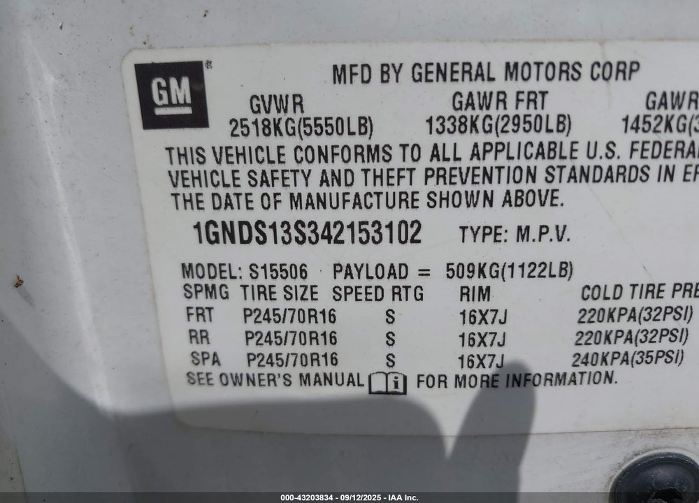 2004 CHEVROLET TRAILBLAZER LS VIN: 1GNDS13S342153102