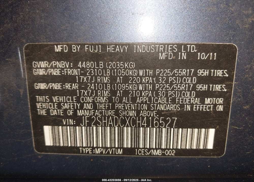 2012 SUBARU FORESTER 2.5X PREMIUM VIN: JF2SHADCXCH416527