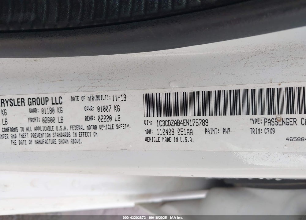 2014 DODGE AVENGER VIN: 1C3CDZAB4EN175789