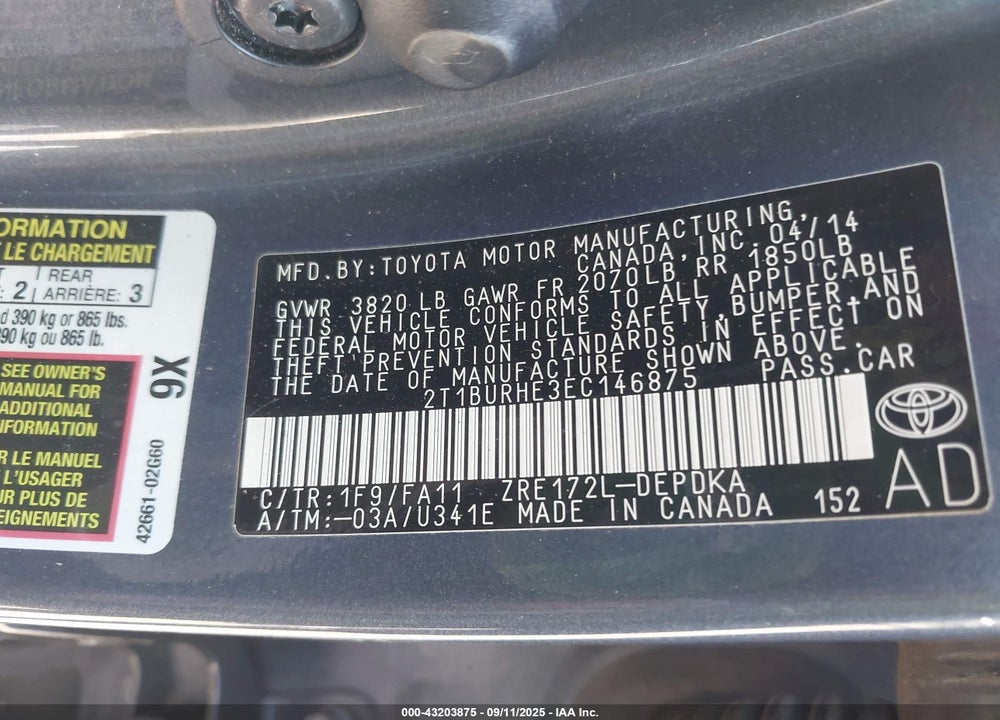 2014 TOYOTA COROLLA VIN: 2T1BURHE3EC146875