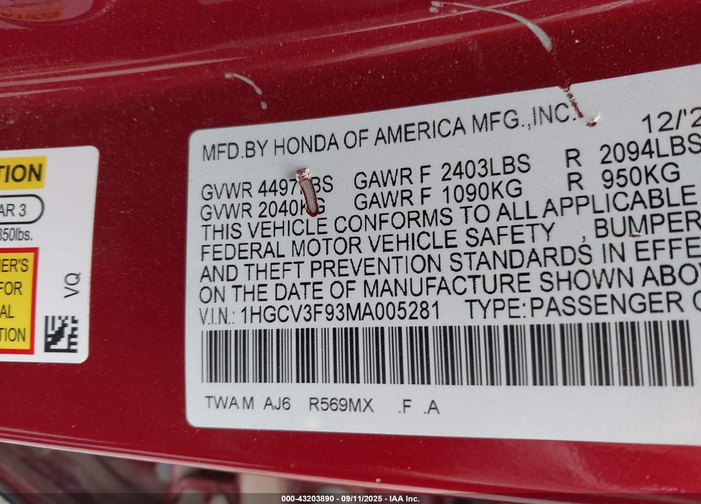 2021 HONDA ACCORD VIN: 1HGCV3F93MA005281