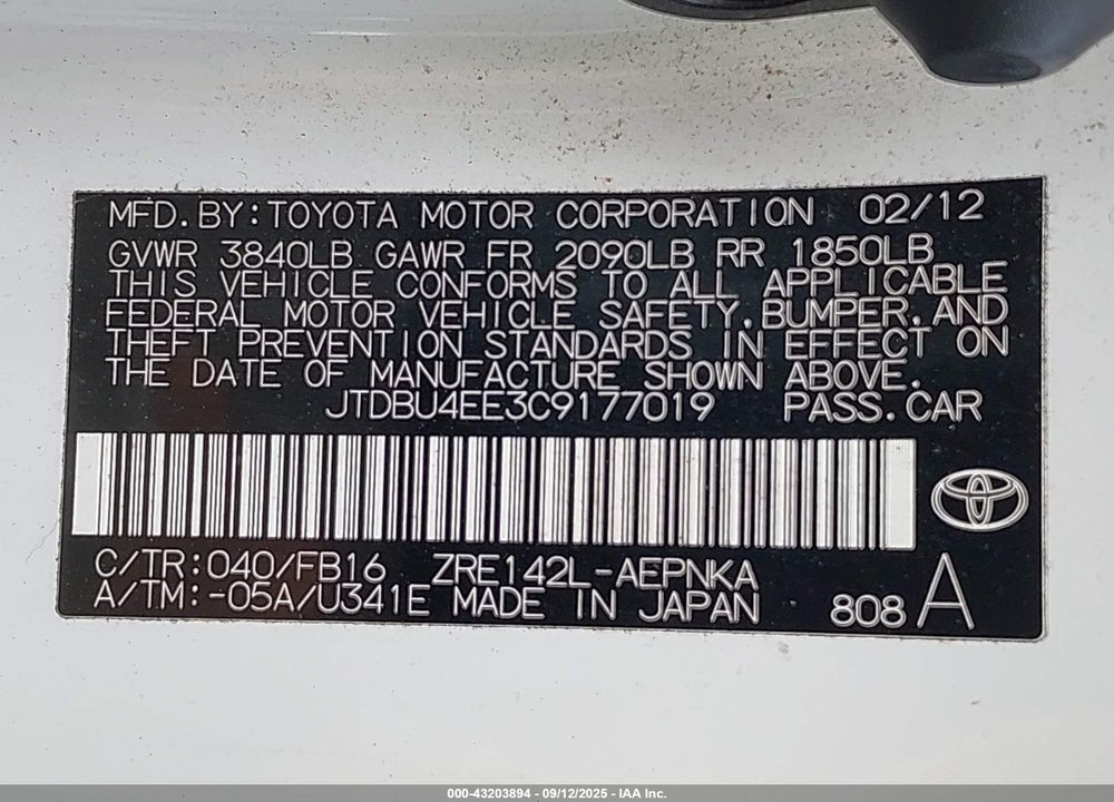 2012 TOYOTA COROLLA LE VIN: JTDBU4EE3C9177019