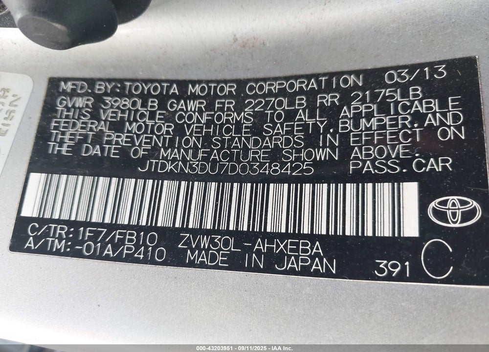 2013 TOYOTA PRIUS VIN: JTDKN3DU7D0348425