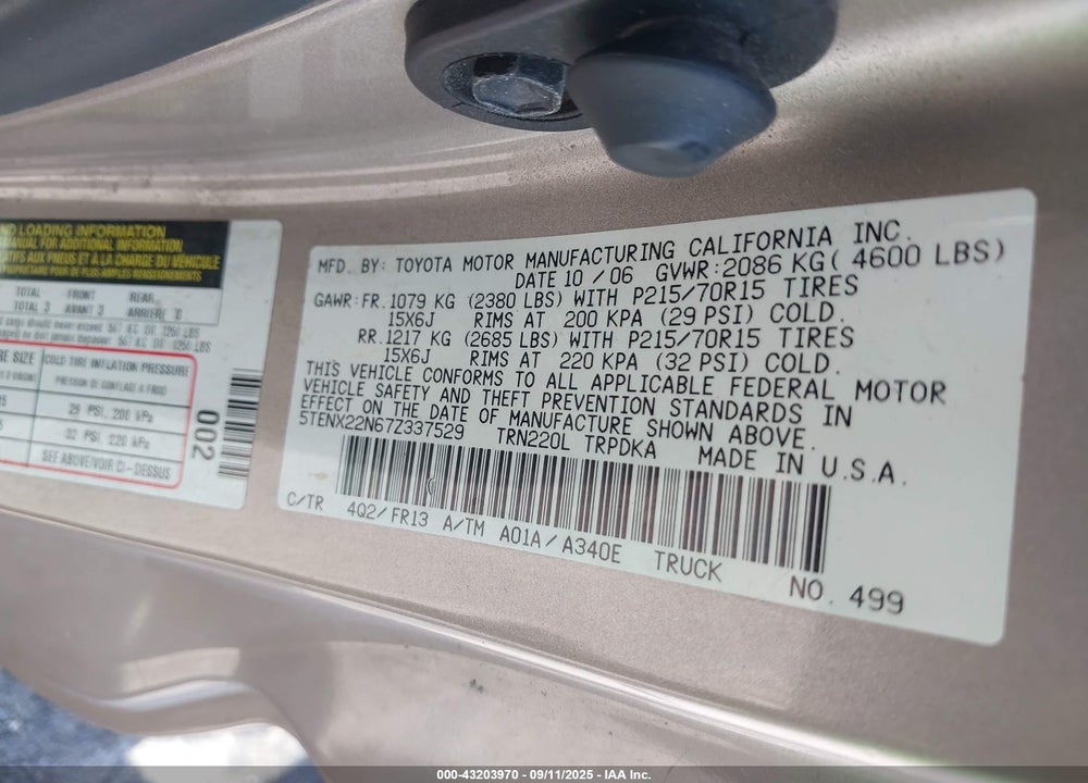 2007 TOYOTA TACOMA VIN: 5TENX22N67Z337529
