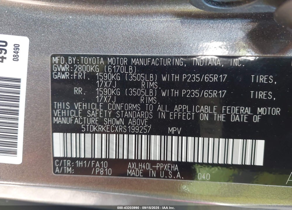 2024 TOYOTA SIENNA VIN: 5TDKRKECXRS199257