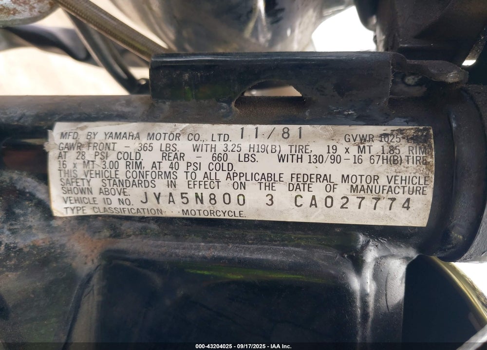 1982 YAMAHA XJ650 VIN: JYA5N8003CA027774
