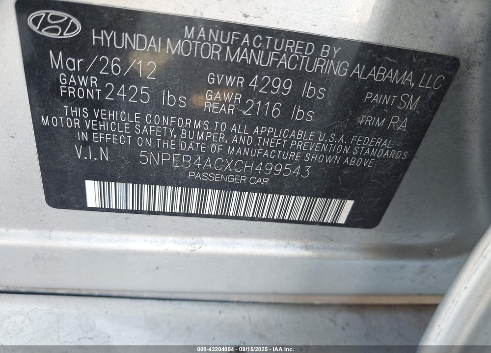 2012 HYUNDAI SONATA VIN: 5NPEB4ACXCH499543