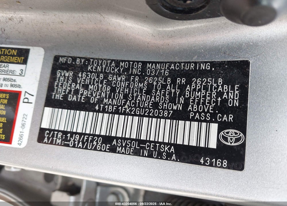 2016 TOYOTA CAMRY SE VIN: 4T1BF1FK2GU220387
