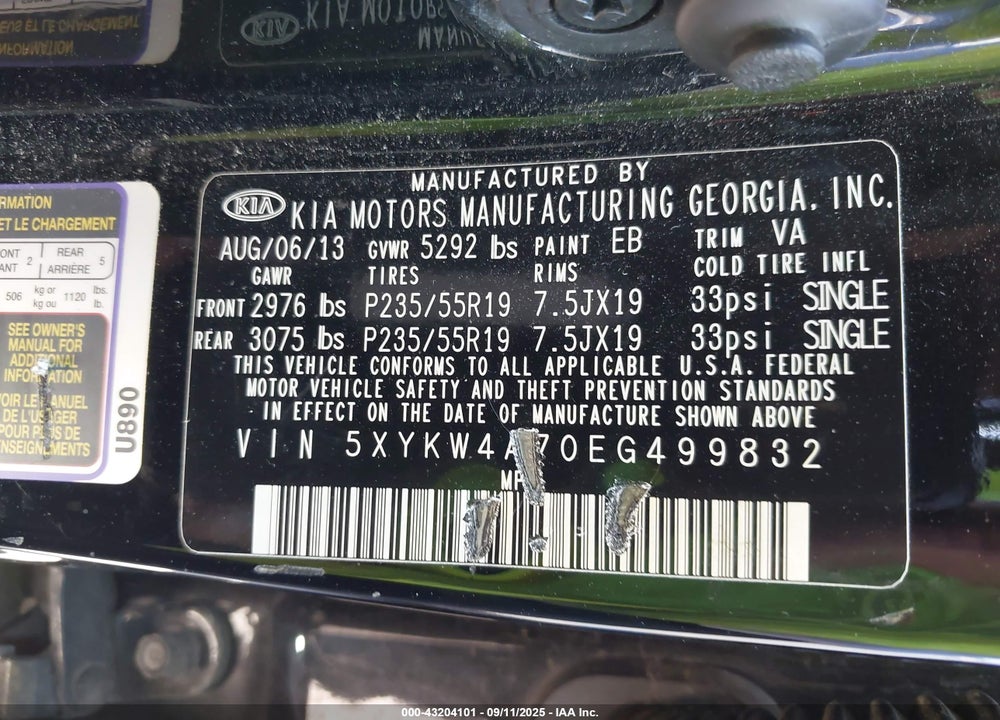 2014 KIA SORENTO VIN: 5XYKW4A70EG499832