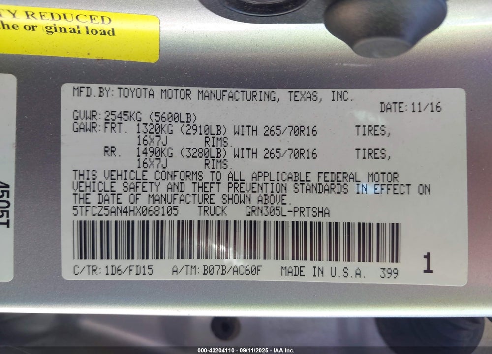2017 TOYOTA TACOMA VIN: 5TFCZ5AN4HX068105