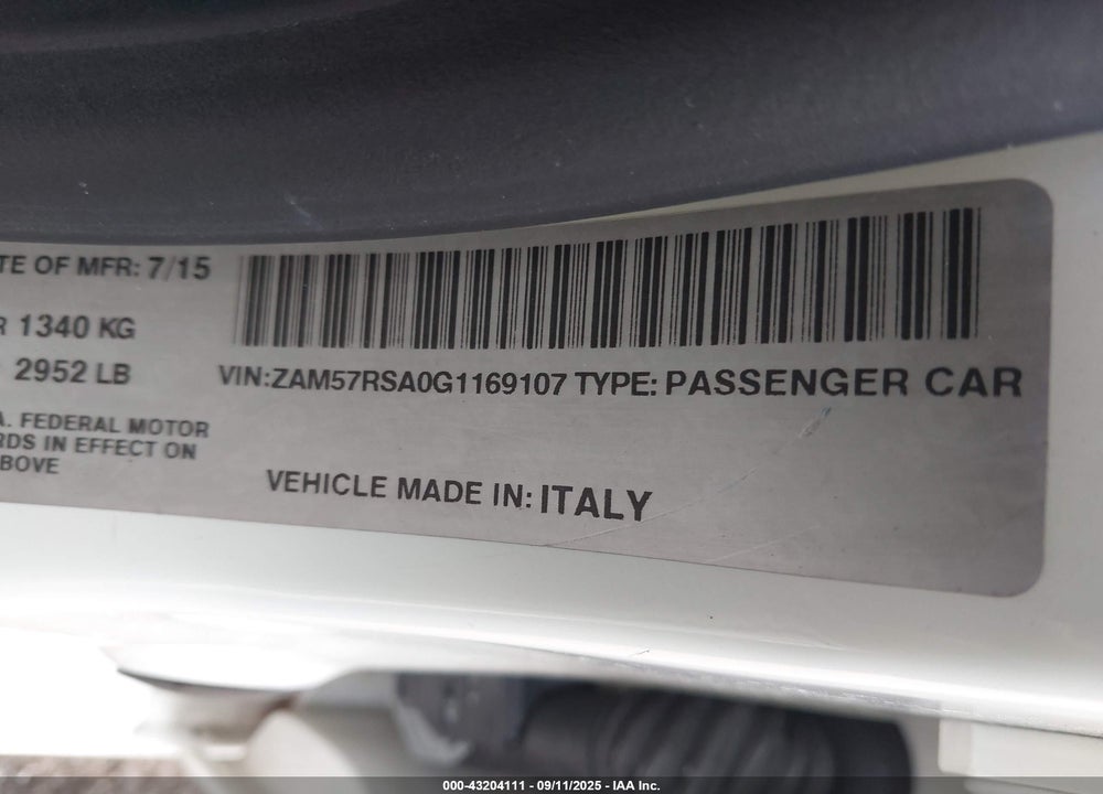2016 MASERATI GHIBLI VIN: ZAM57RSA0G1169107