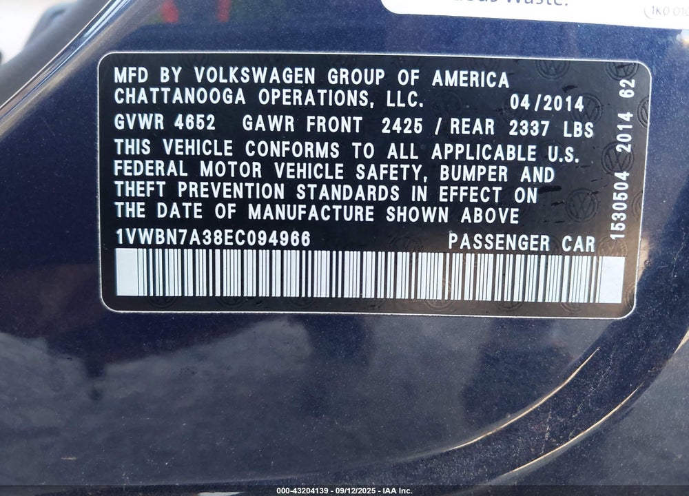 2014 VOLKSWAGEN PASSAT VIN: 1VWBN7A38EC094966