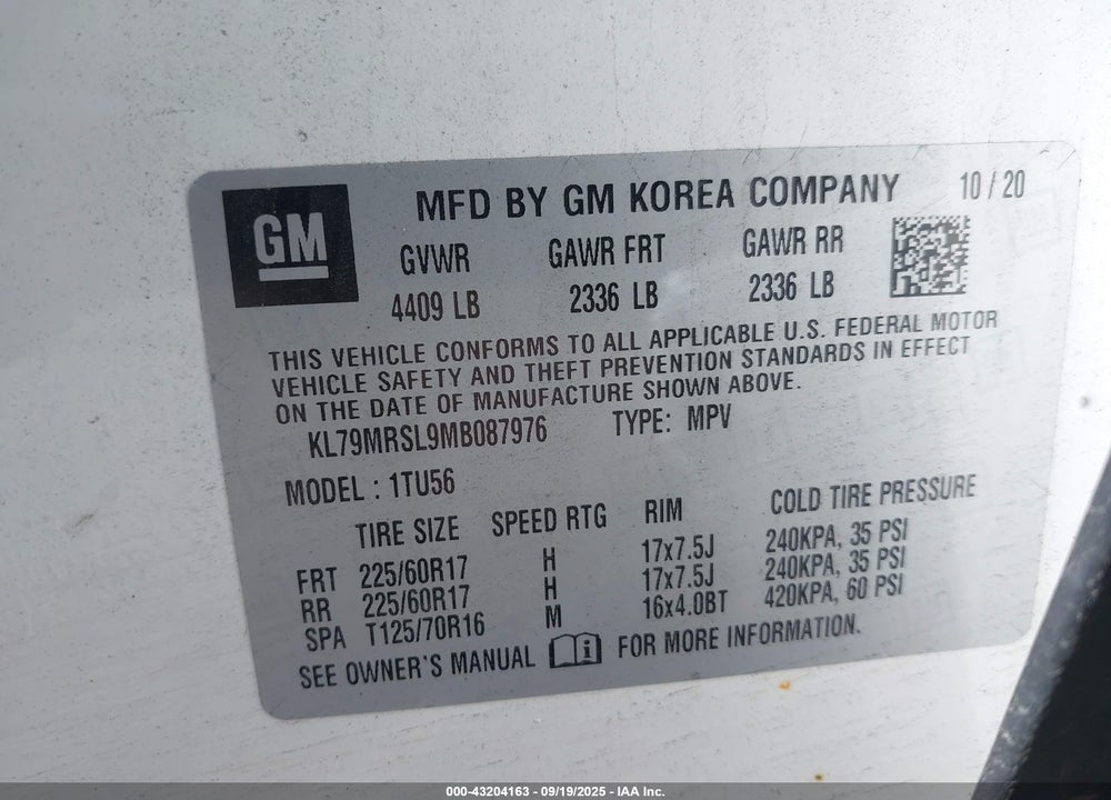 2021 CHEVROLET TRAILBLAZER VIN: KL79MRSL9MB087976