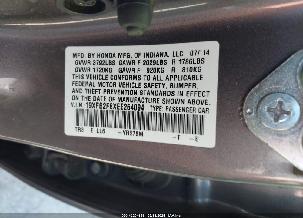 2014 HONDA CIVIC EX VIN: 19XFB2F8XEE264094