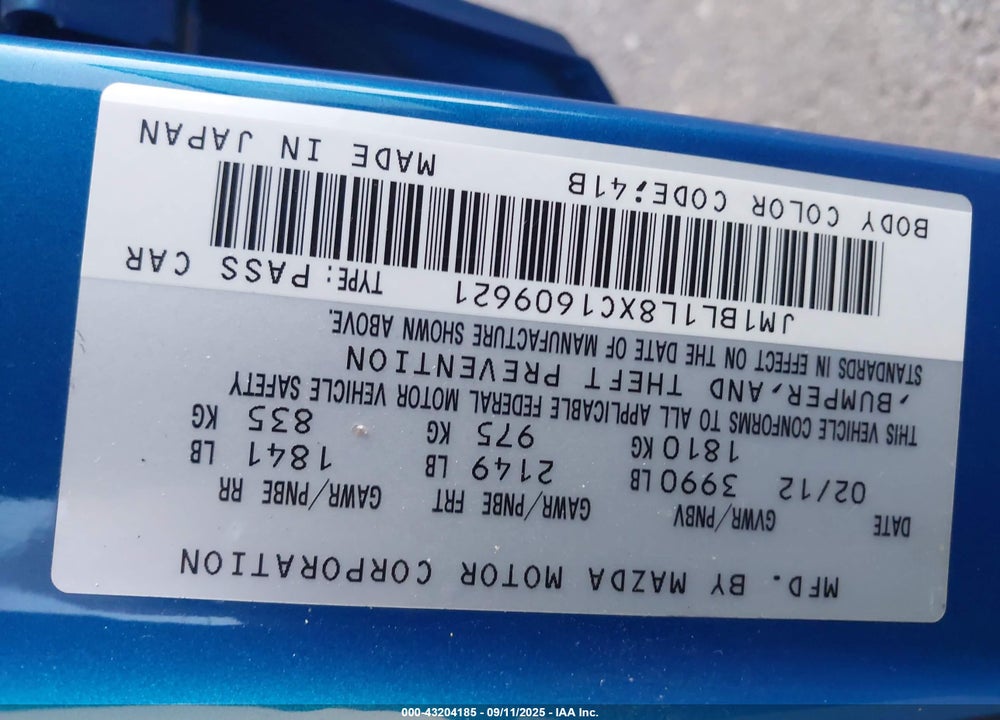 2012 MAZDA 3 VIN: JM1BL1L8XC1609621