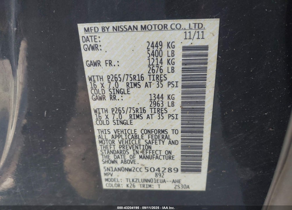 2012 NISSAN XTERRA VIN: 5N1AN0NW2CC504289
