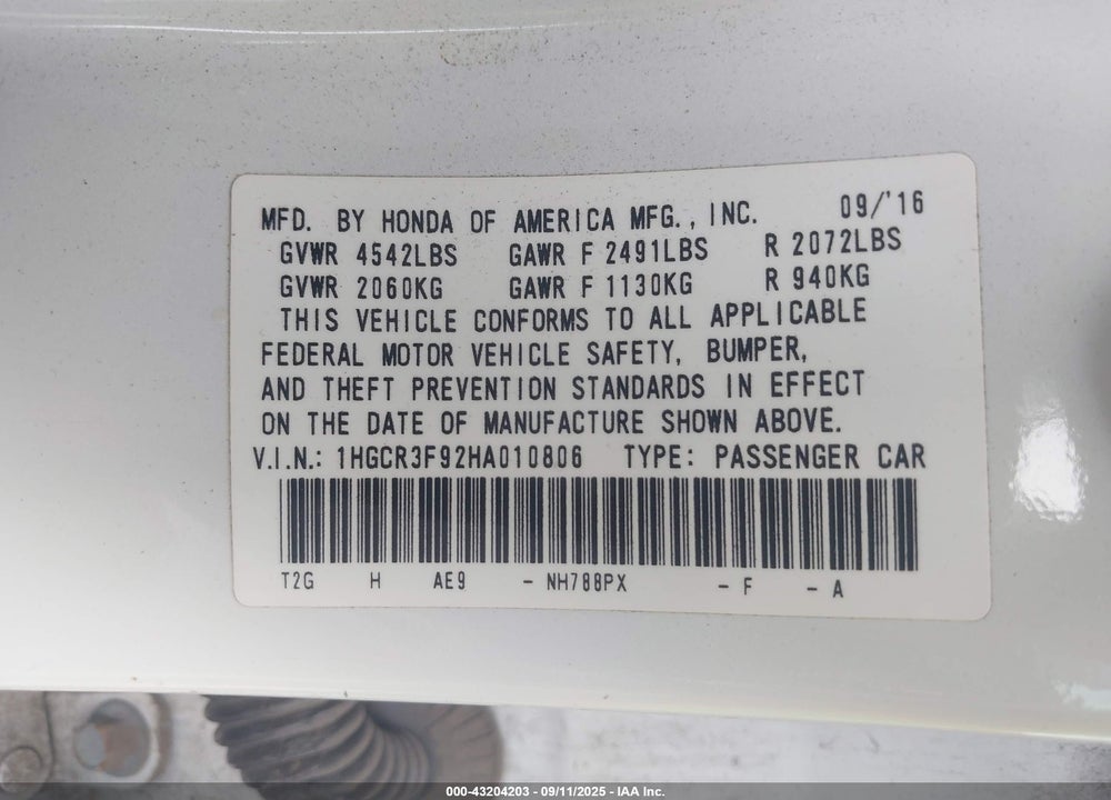 2017 HONDA ACCORD TOURING V6 VIN: 1HGCR3F92HA010806
