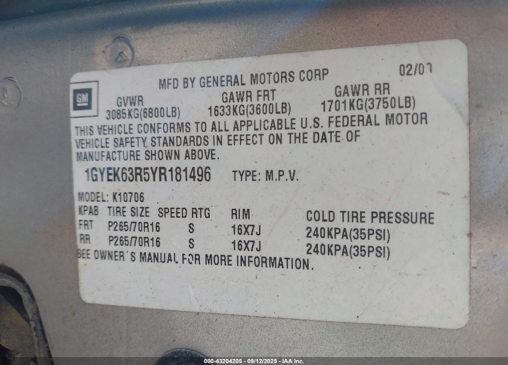 2000 CADILLAC ESCALADE STANDARD VIN: 1GYEK63R5YR181496