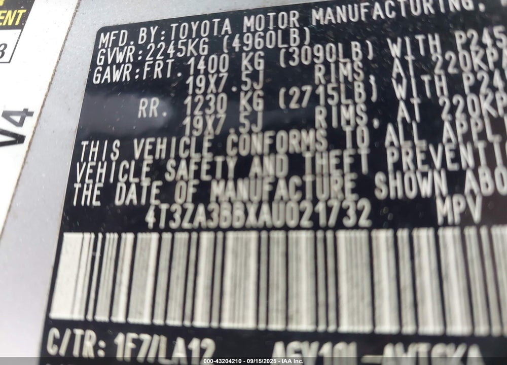 2010 TOYOTA VENZA VIN: 4T3ZA3BBXAU021732