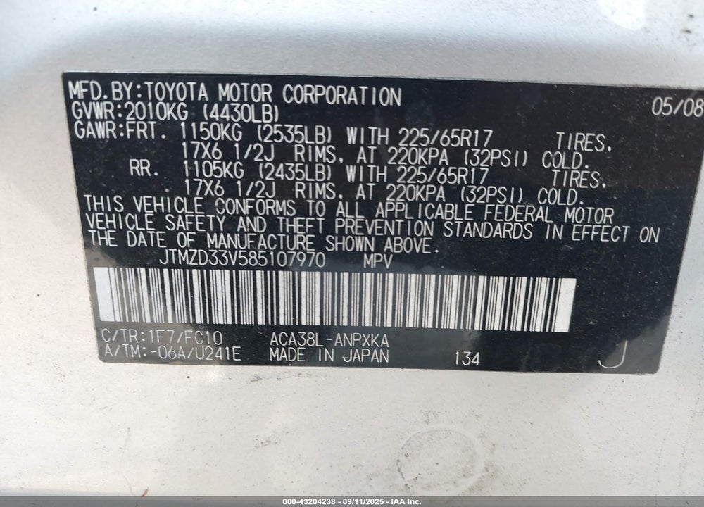 2008 TOYOTA RAV4 VIN: JTMZD33V585107970