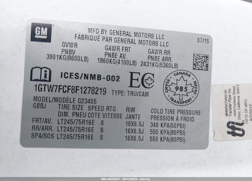 2015 GMC SAVANA 2500 VIN: 1GTW7FCF8F1278219