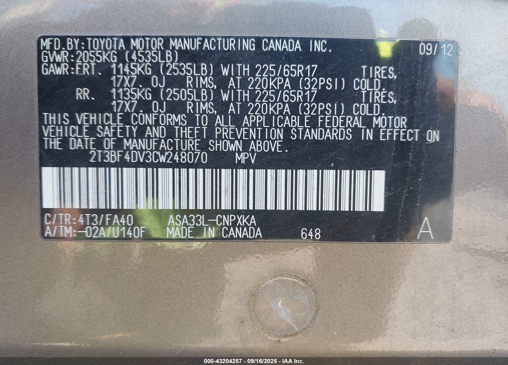 2012 TOYOTA RAV4 VIN: 2T3BF4DV3CW248070