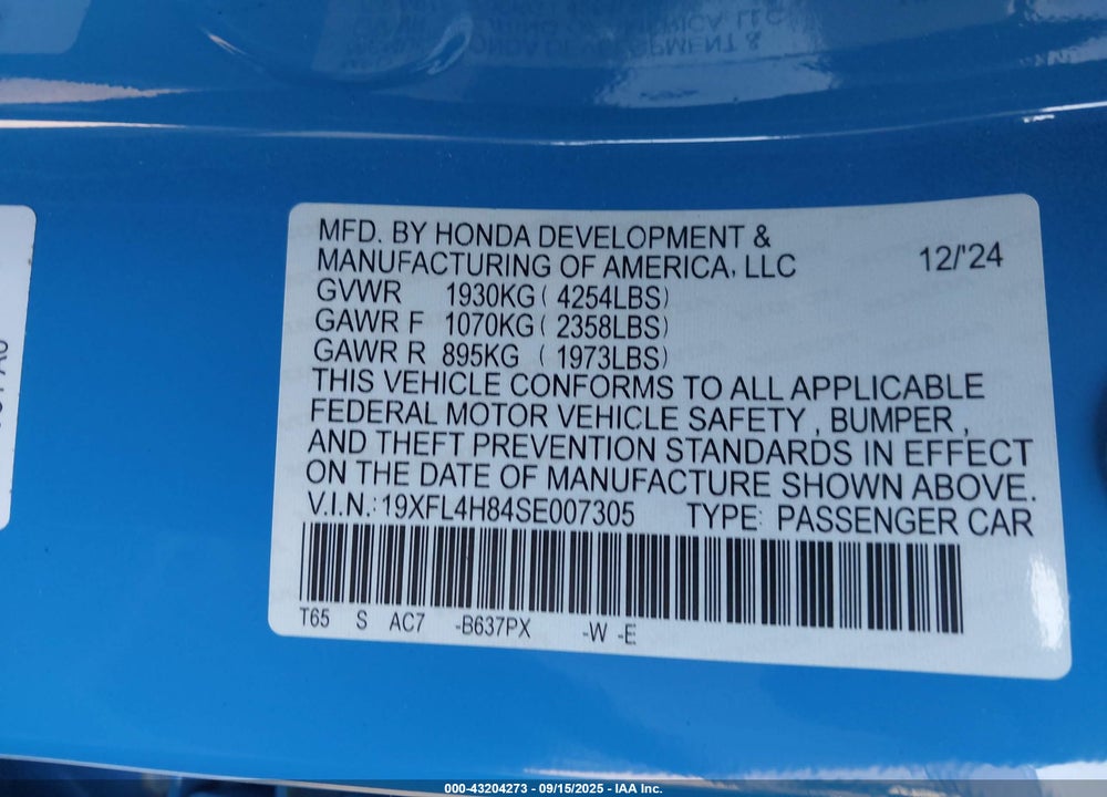 2025 HONDA CIVIC  HYBRID SPORT VIN: 19XFL4H84SE007305
