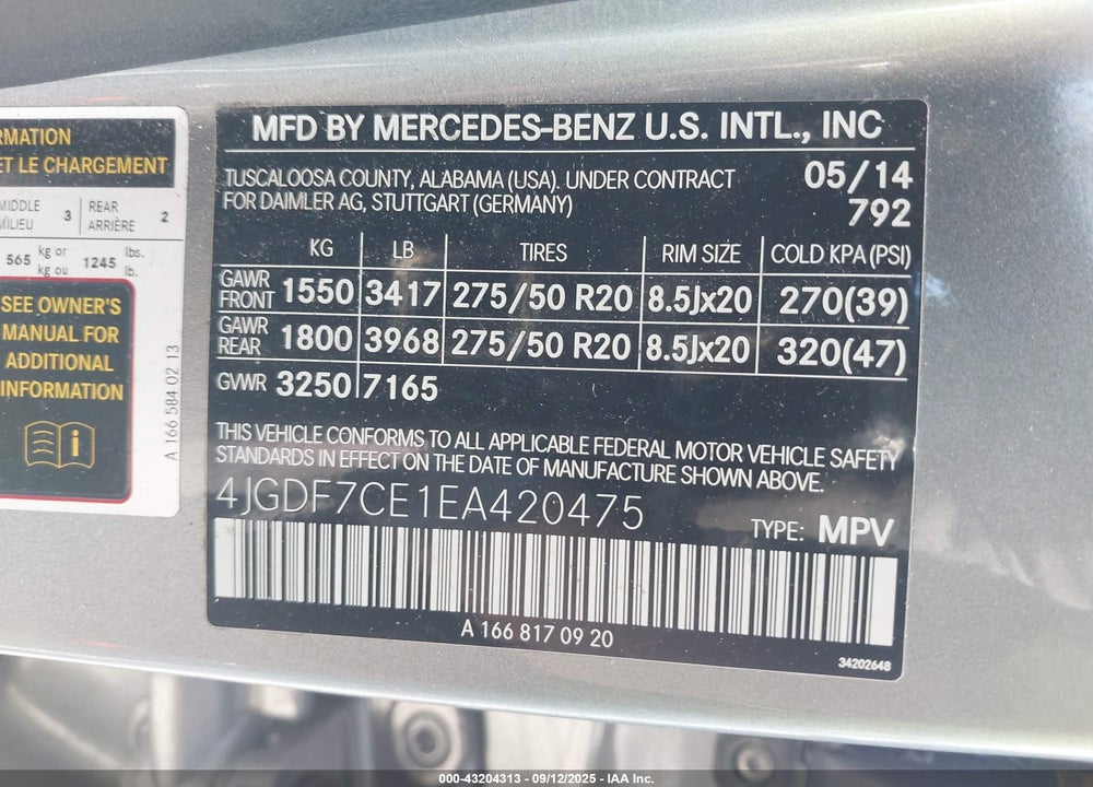 2014 MERCEDES-BENZ GL-CLASS VIN: 4JGDF7CE1EA420475