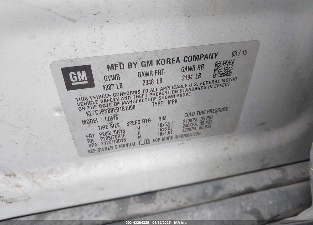 2015 CHEVROLET TRAX VIN: KL7CJPSB8FB181098