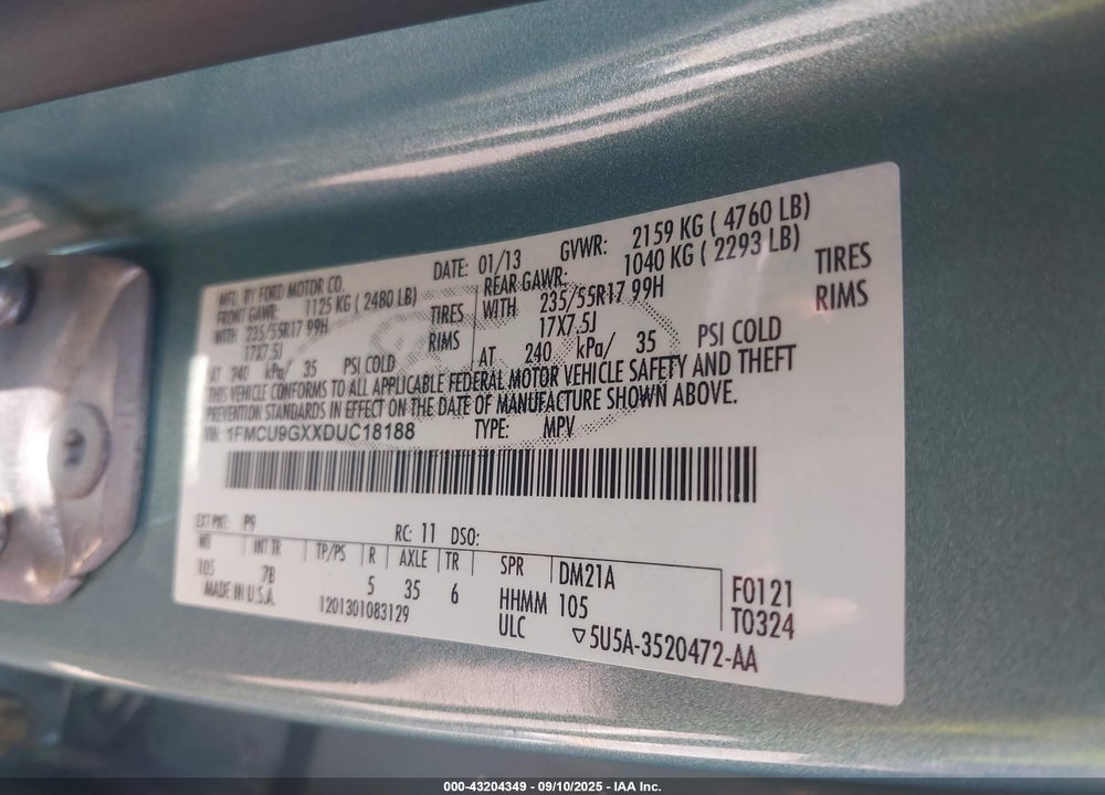 2013 FORD ESCAPE VIN: 1FMCU9GXXDUC18188