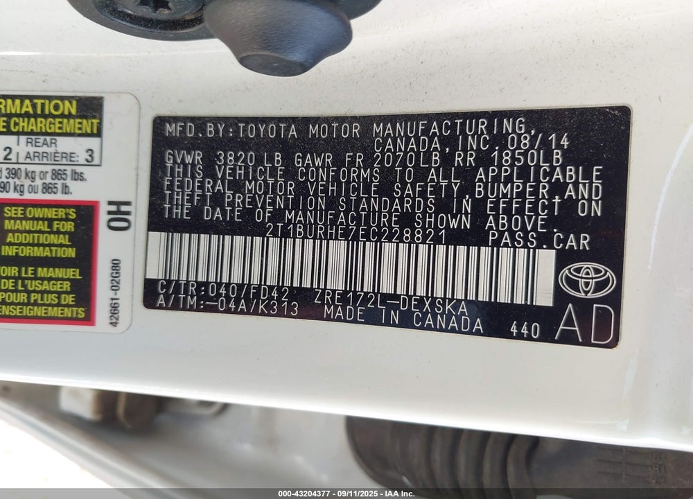 2014 TOYOTA COROLLA S PLUS VIN: 2T1BURHE7EC228821