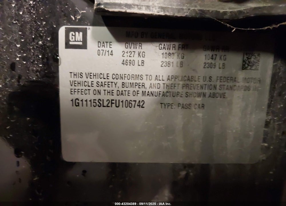 2015 CHEVROLET IMPALA VIN: 1G1115SL2FU106742