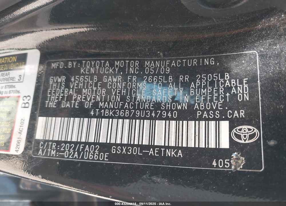 2009 TOYOTA AVALON VIN: 4T1BK36B79U347940