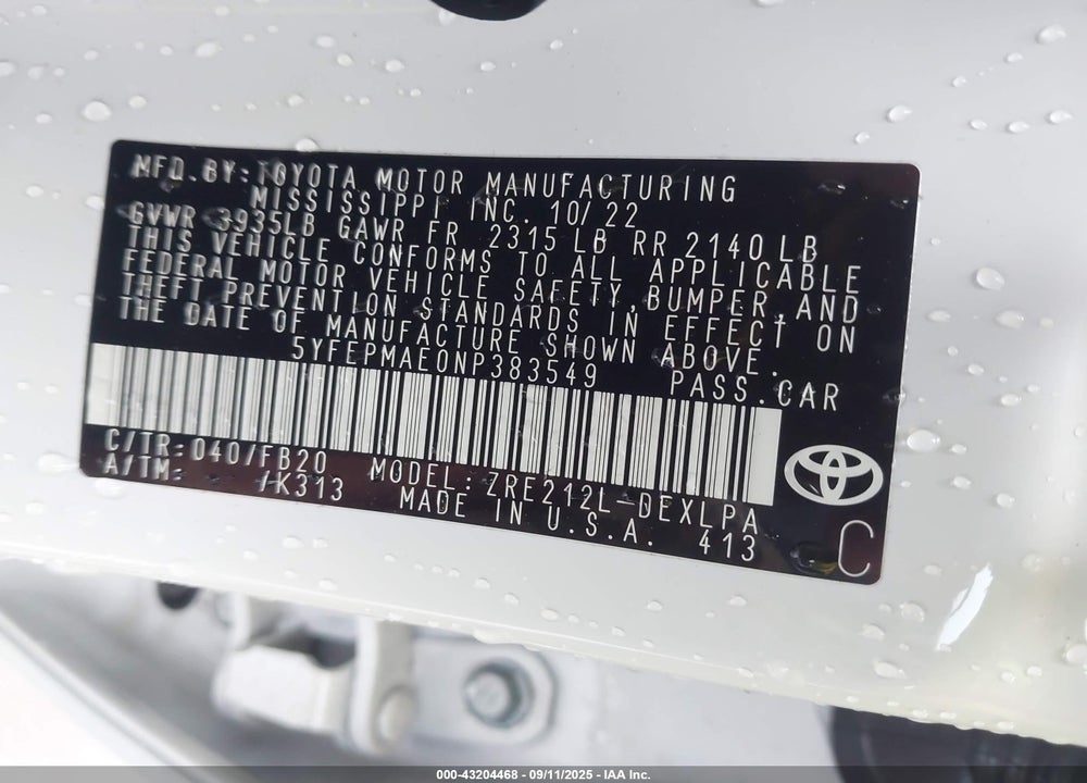 2022 TOYOTA COROLLA VIN: 5YFEPMAE0NP383549