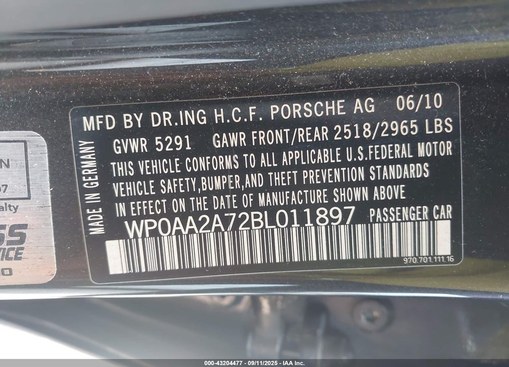 2011 PORSCHE PANAMERA 4 VIN: WP0AA2A72BL011897