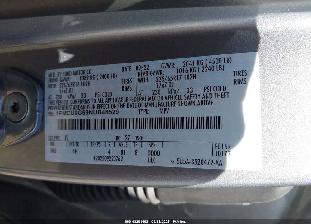 2022 FORD ESCAPE VIN: 1FMCU9G69NUB48529