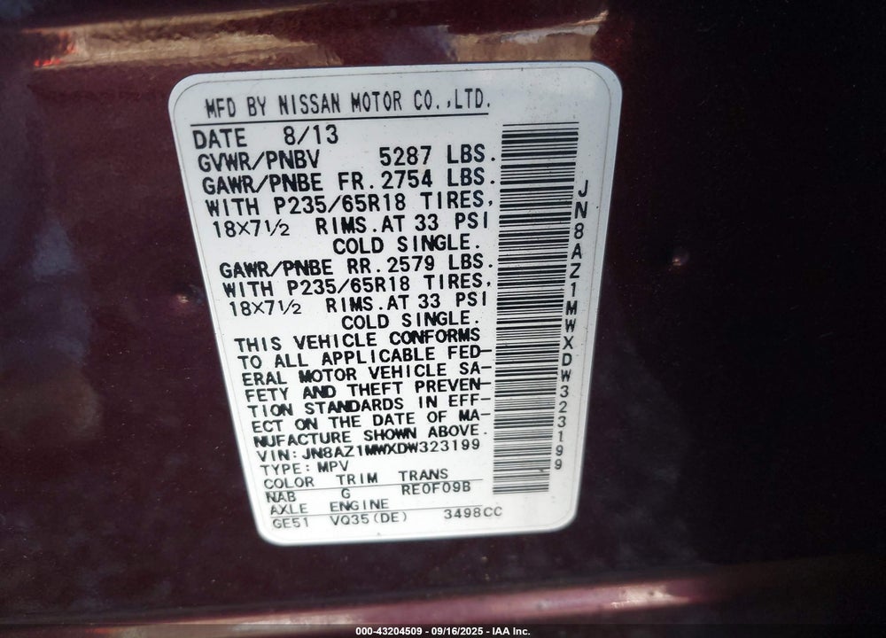 2013 NISSAN MURANO S VIN: JN8AZ1MWXDW323199