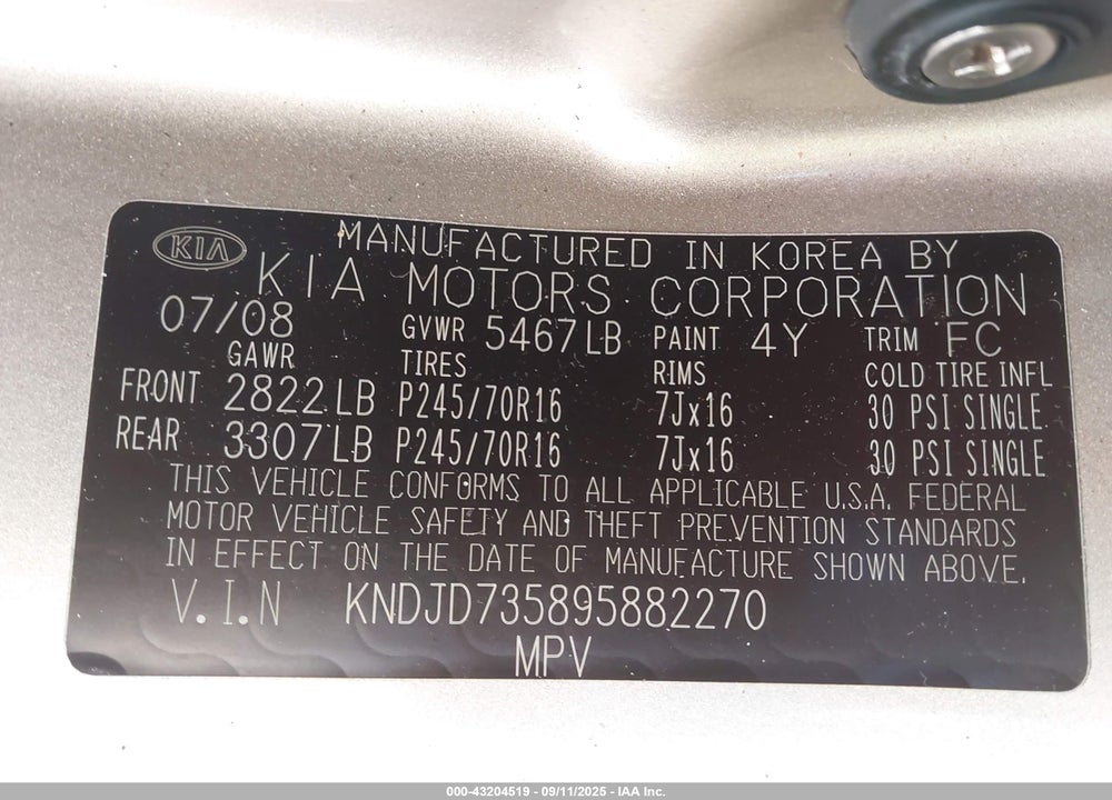 2009 KIA SORENTO VIN: KNDJD735895882270