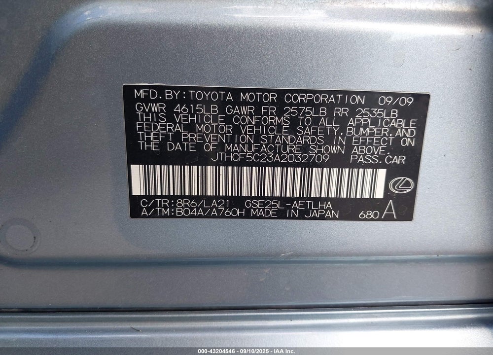 2010 LEXUS IS 250 VIN: JTHCF5C23A2032709