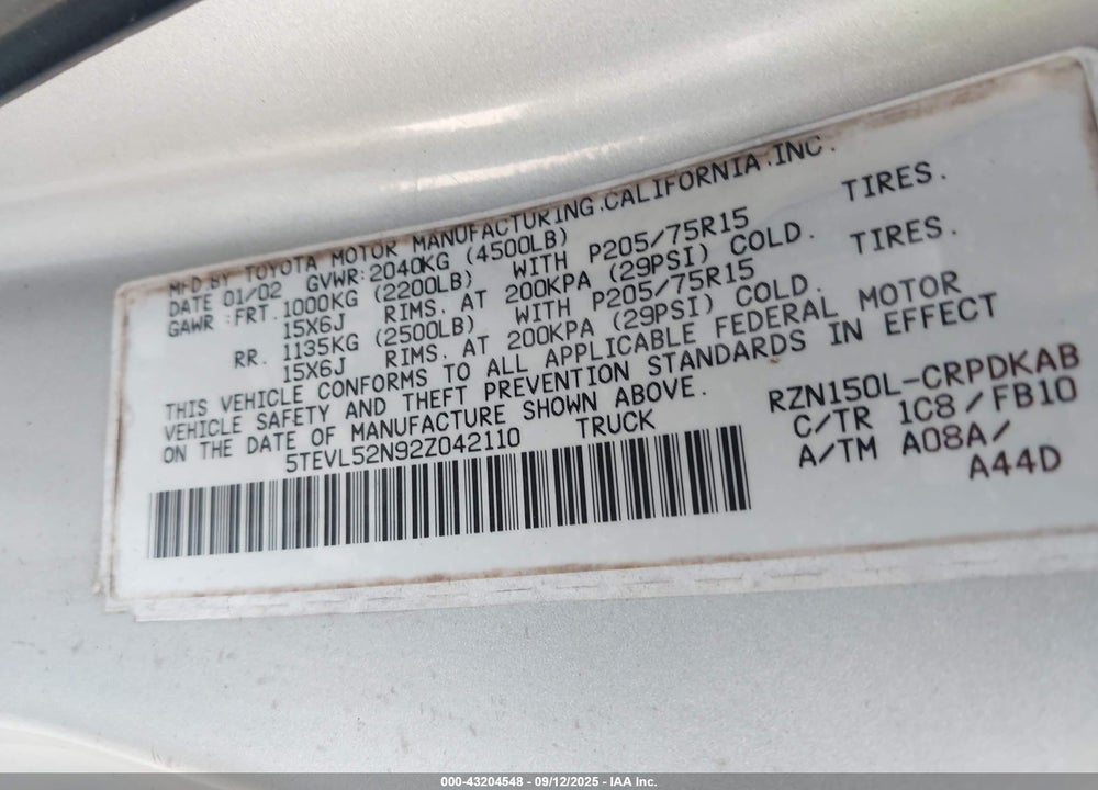 2002 TOYOTA TACOMA VIN: 5TEVL52N92Z042110