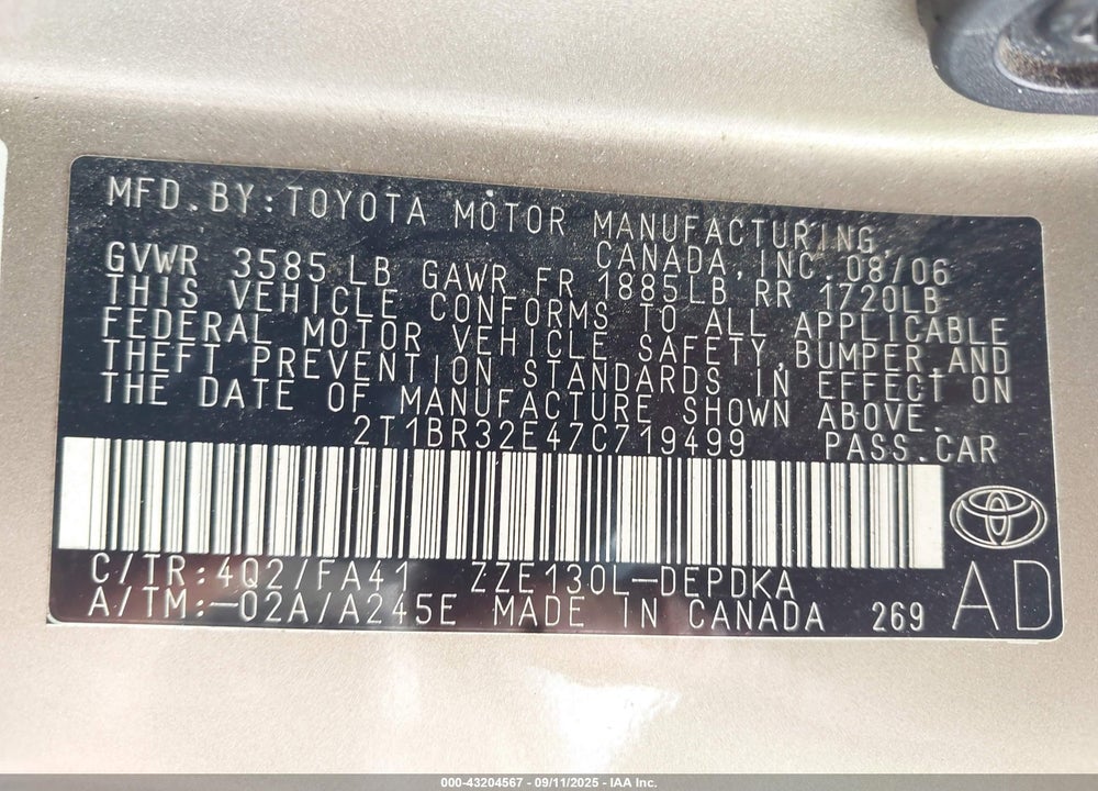 2007 TOYOTA COROLLA VIN: 2T1BR32E47C719499